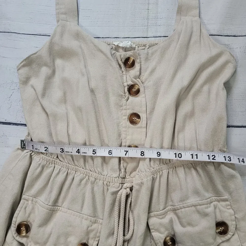 Mine‎ Size L Carlen Romper Raw Hem Beige Sleeveless Shorts Buttons Causal